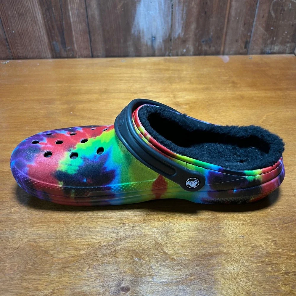 Crocs Classic Lined Clog Mens 12 Multi Tie Dye Faux Fur Lined Comfort Shoes